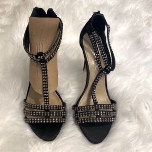 Aldo heels with small jewels. Black 4 1/2 inch heels. Satin material.
